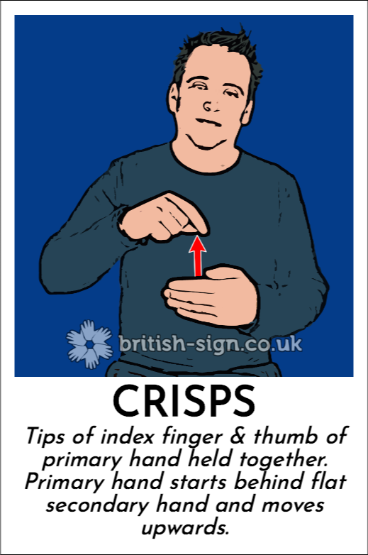 Crisps: Tips of index finger & thumb of primary hand held together. Primary hand starts behind flat secondary hand and moves upwards.